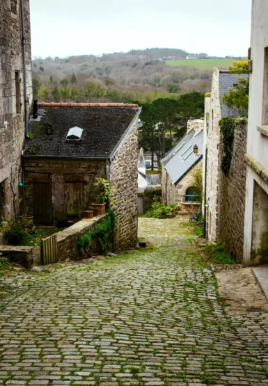 a stone path between buildings