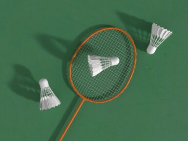 a badminton racket and two shuttles on a green surface