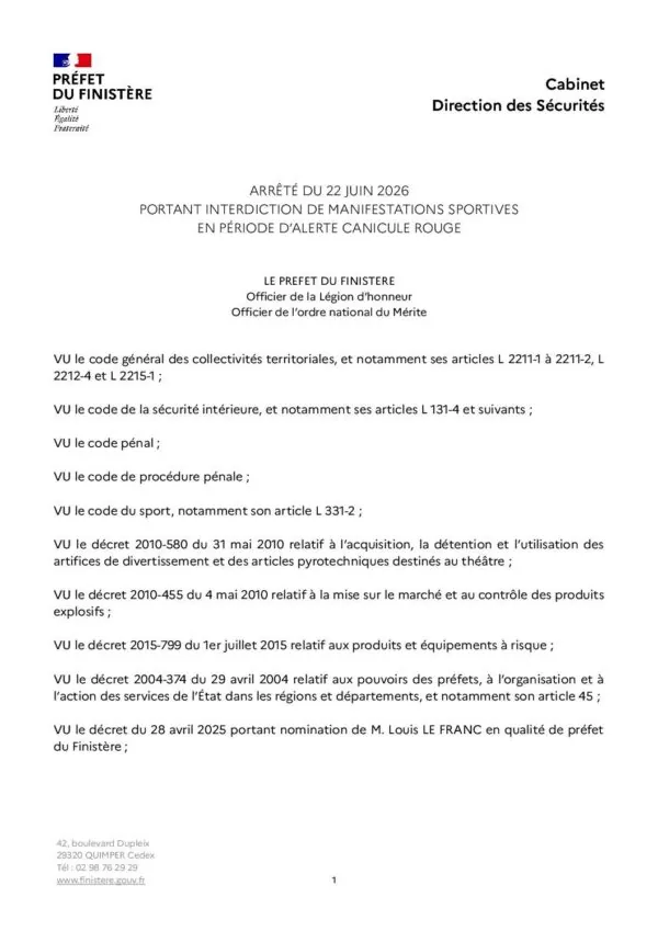 Image du document Arrêté Préfectoral  Interdiction Manifestations Sportives